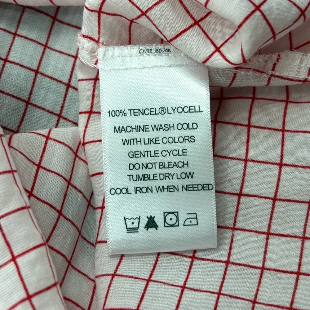 Foxcroft Women’s Blouse White Red Tencel Rolled Sleeve Gingham Button Up Size 10